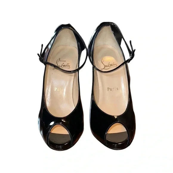 Christian Louboutin Rampoldi Ankle Strap Patent Leather Peep Toe Pump Black 37 - Picture 9 of 10